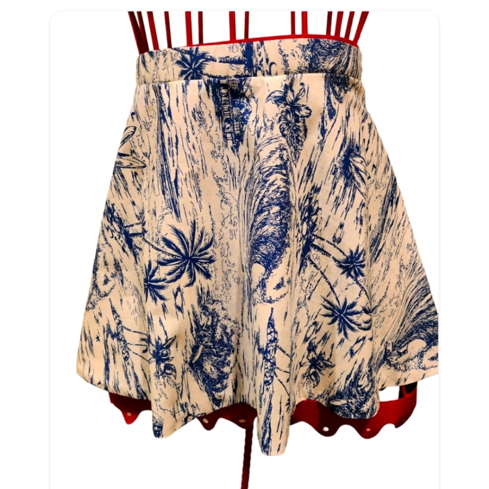Hawaiian BIG WAVE PALM TREES BLUE &WHITE SWING SKIRT.ONE OF A KIND.Boho chic